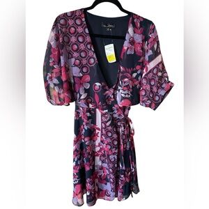 Suzanne Betro Black floral wrapped around dress size M